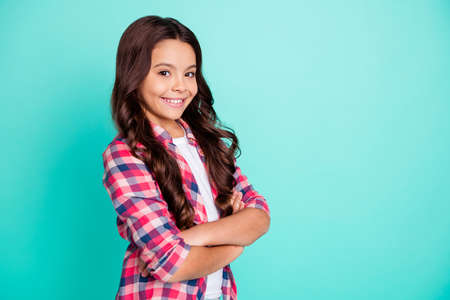 Portrait of elegant magnificent people little person good-looking ready study future leader can do everything candid content rest weekend free time dressed checked shirt isolated teal background.の写真素材