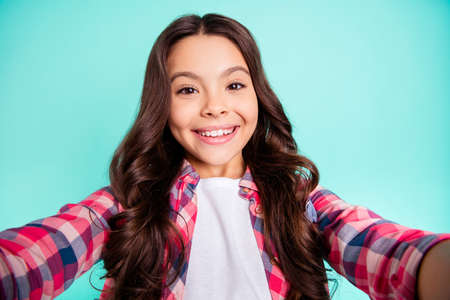 Self-portrait of her she nice attractive fashionable charming cute cheerful wavy-haired pre-teen...
