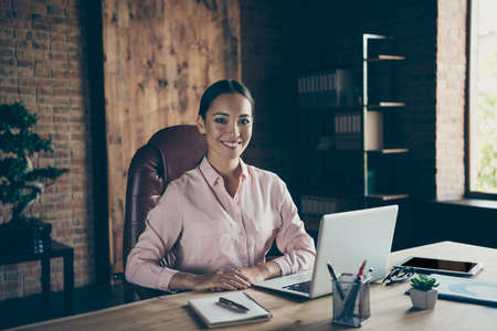 Portrait of nice attractive confident smart cheerful cheery lady specialist shark financier...