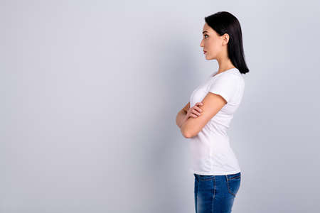 Profile side view portrait of her she nice-looking attractive content experienced girl lecturer professor folded arms isolated over light gray backgroundの写真素材