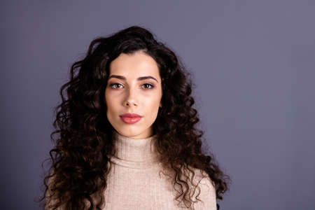 Close up photo beautiful amazing she her lady ideal plump lips sincere kind pretty self-confident not smiling silent volume cool hairstyle wear casual pastel pullover isolated grey backgroundの写真素材