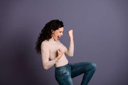 Close up side profile photo beautiful she her lady ecstatic hands arms one leg hip raised yell glad...