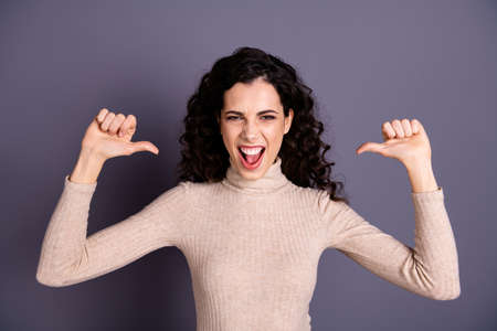 Close up photo beautiful ecstatic she her overjoyed lady girlish say yeah indicating directing...