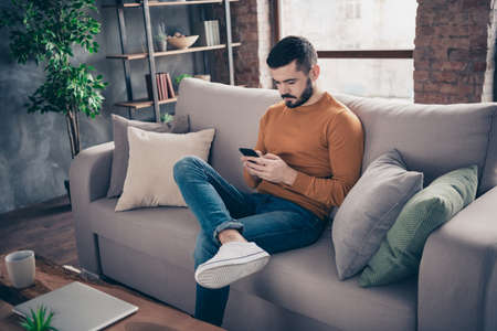 Portrait of his he nice attractive focused concentrated bearded guy sitting on divan surfing web addict at industrial loft brick interior style living-roomの写真素材