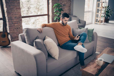 Portrait of his he nice-looking attractive focused concentrated calm bearded guy sitting on divan surfing web addict 5g app dating service at industrial loft brick interior style living-roomの写真素材