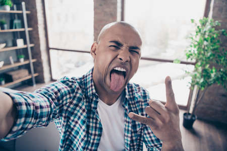 Portrait of charming lovely person people have vacation pank grimace feel content make faces dressed...