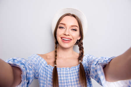 Close up photo of charming pretty funny funky teen teenager youth blog blogger make moment photo she...