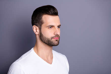Close up side profile photo amazing he him his macho perfect ideal appearance neat bristle...