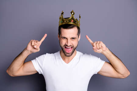 Portrait of funny funky lovely cheerful excited people person have gemstone ego crown feel rejoice...