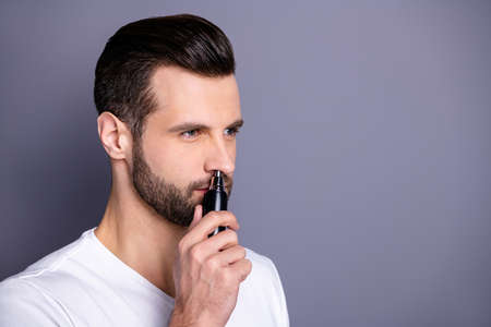 Close up side profile photo amazing he him his macho hairless process buy buyer new hand novelty...