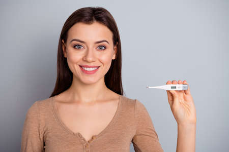 Close up photo of charming nice pretty youth advertise feel cheerful dont be ill sick have pain...