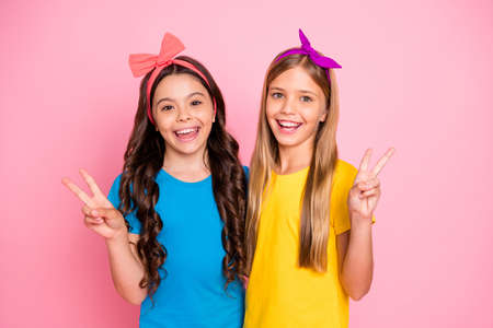 Close-up portrait of two nice-looking attractive winsome charming, cute lovely friendly cheerful...