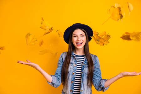 Portrait of her she nice-looking winsome attractive lovely optimistic cheerful cheery straight-haired lady throwing leaves isolated over bright vivid shine yellow backgroundの写真素材