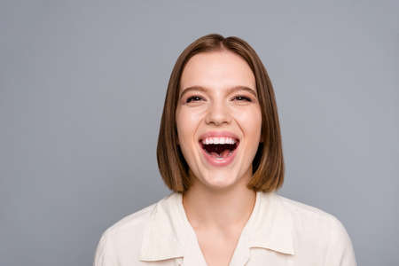 Close up photo of charming cute millennial people person have free time carefree isolated dressed fashionable clothing blouse isolated grey silver backgroundの写真素材