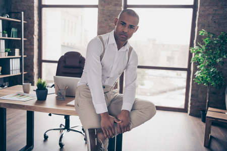 Portrait of his he nice attractive stylish confident guy shark expert executive top director company founder consultant agent broker at industrial loft interior work place station indoorsの写真素材