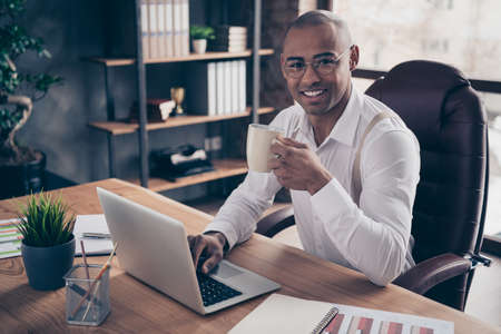 Portrait of nice attractive cheerful guy chairman preparing finance report result sale income profit...