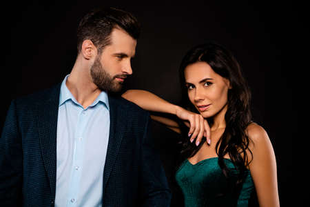 Close up photo beautiful she her classy chic lady wife he him his husband tempting rich confident...