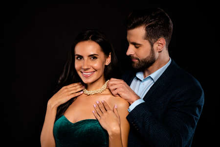 Close up side profile photo two beautiful people she her classy chic he him his macho giving receive...