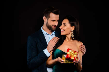 Close up photo beautiful she her classy chic lady he him his macho deliver receive giftbox pack...