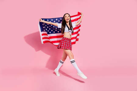 Full body profile photo of pretty lady carry usa flag college university english marsh wear white...