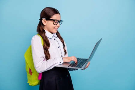 Profile photo of school lady classroom modern technologies lesson notebook hands wear specs white...