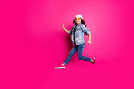 Full length side profile body size photo beautiful small little she her curly model lady jump hurry...
