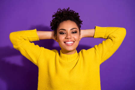 Close up photo of attractive millennial have nap hands palm head isolated over purple bviolet backgroundの写真素材