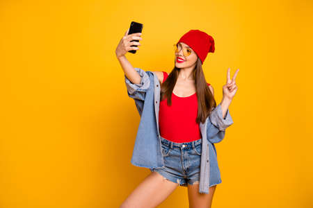 Portrait of pretty millennial have long haircut free time eyewear eyeglasses make photo video call...