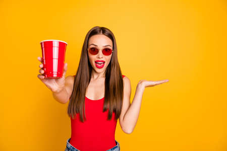 Close up photo of beautiful lady bright lips hold hand alcohol beverage shocked good taste wear sun...