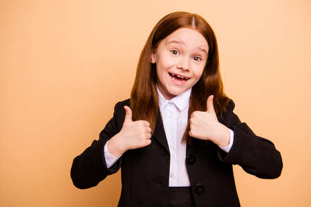 Close-up portrait of nice attractive lovely confident cheerful cheery intellectual pre-teen girl...