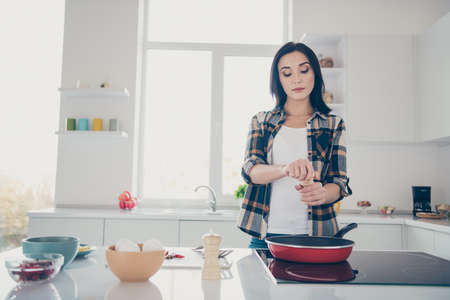Portrait of beautiful housewife have feast products fresh gourmet flavor dressed trendy stylish checkered shirt stand desk kitchen apartment she herの写真素材