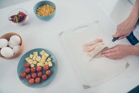 Top above high angle cropped view photo of chef serious lay prepare feast cuisine desk white she her rest relax free time weekend routineの写真素材