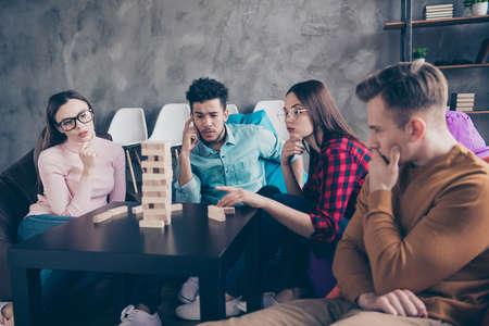 Portrait of nice attractive clever smart brainy creative serious guys employees making difficult...