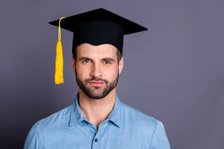 Close-up portrait of his he nice-looking attractive content successful bearded guy intellectual top...
