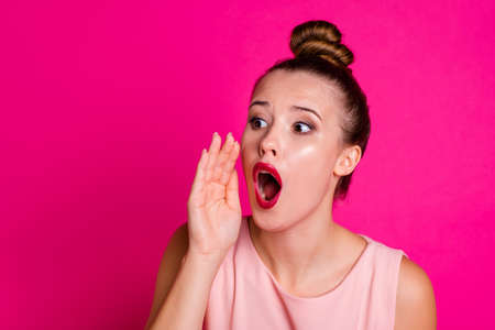 Portrait of cute pretty lovely sweet adorable lady hand face palm panic get lost dressed pink...