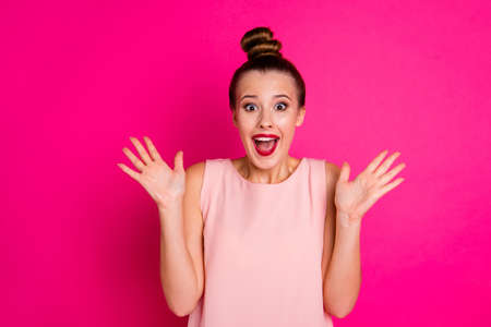 Portrait of her she nice-looking charming attractive fascinating winsome lovable lovely cheerful cheery glad girl great news yes dream isolated over bright vivid shine pink fuchsia backgroundの写真素材