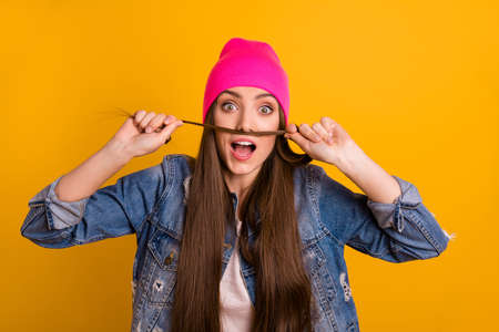 Close up photo beautiful amazing she her stylish lady friendly teen make false fake moustache like...
