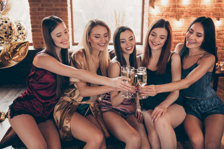 Close up photo fellows five funny beautiful event she her hang out ladies hands arms raise glasses festive golden beverage short nightie sit sheets clink tell talk toasts sleep costumes room indoorsの写真素材
