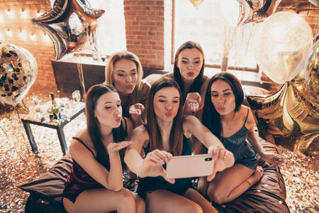 Company of nice attractive sweet flirty charming lovely lovable feminine ladies making selfie...