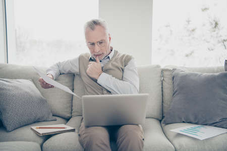 Close up photo amazing he him his aged man hands arms notebook search analyzer check compare...