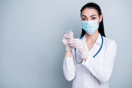 Close up photo beautiful lady doctor hospital preparing operation insulin epidemic virus flu...