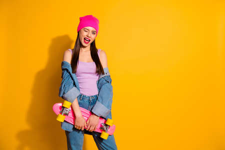 Close up photo beautiful she her coquette wink eye nice look hands arms skate board sport lady...