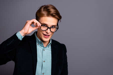 Close up photo amazing  guy macho flirty take off specs ideal perfect appearance hairstyle arms...