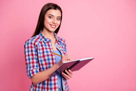 Portrait of positive cheerful lady future prof feel confident cool independent, content enjoy wear checkered clothes youth isolated pastel backgroundの写真素材