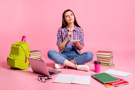 Full length body size photo beautiful she her sit floor notebook ponder pensive hands planner noting...