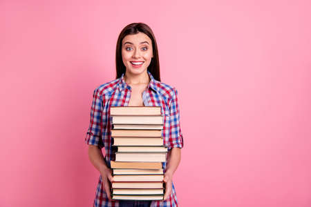 Portrait of cute funny lady hold hand want be intellgent clever laugh, laughter astonished impressed...