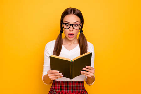 Portrait of astonished lady cute teenager beautiful hold hand prepare home task news impressed unbelievable unexpected scream shout omg wow isolated tails red skirt modern clothes vivid backgroundの写真素材