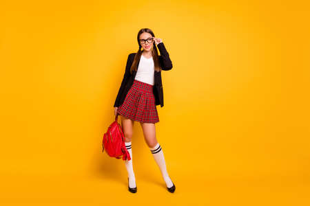 full length body size view photo lady youth romantic tails communicate classmates touch eyewear eyeglasses ponytail pigtail white pullover jacket blazer black stylish trendy red dress isolated bright backgroundの写真素材