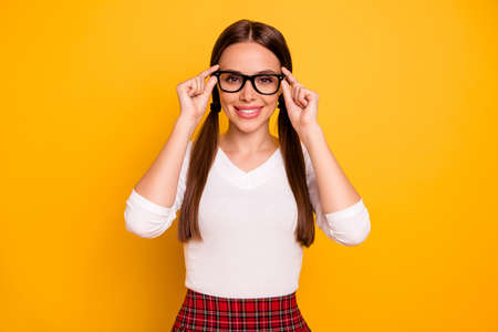 Portrait of cute attractive gorgeous lady feel glad content, satisfied touch specs dressed...