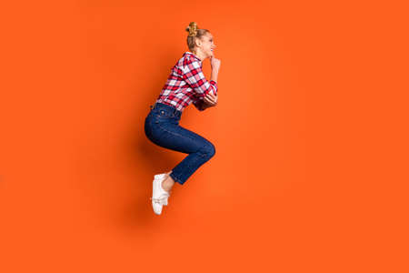 Full length side profile body size photo amazing funny she her lady jumping high sporty body shape...